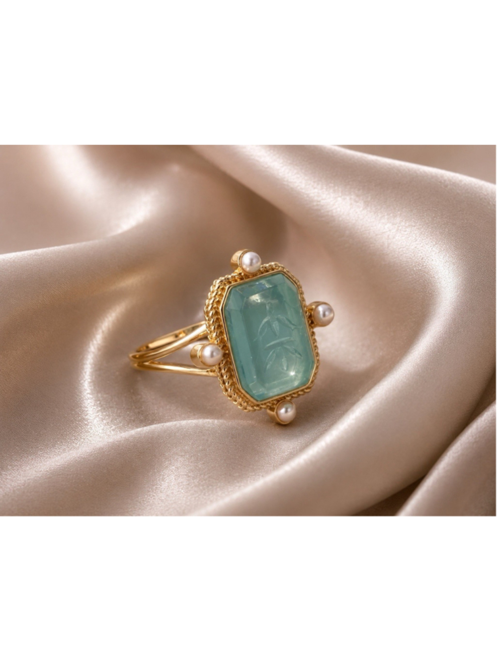 Museum Intaglio Ring Sz 9 Green Pearl Gold Cameo Flower Blue Geometric Boho VTG